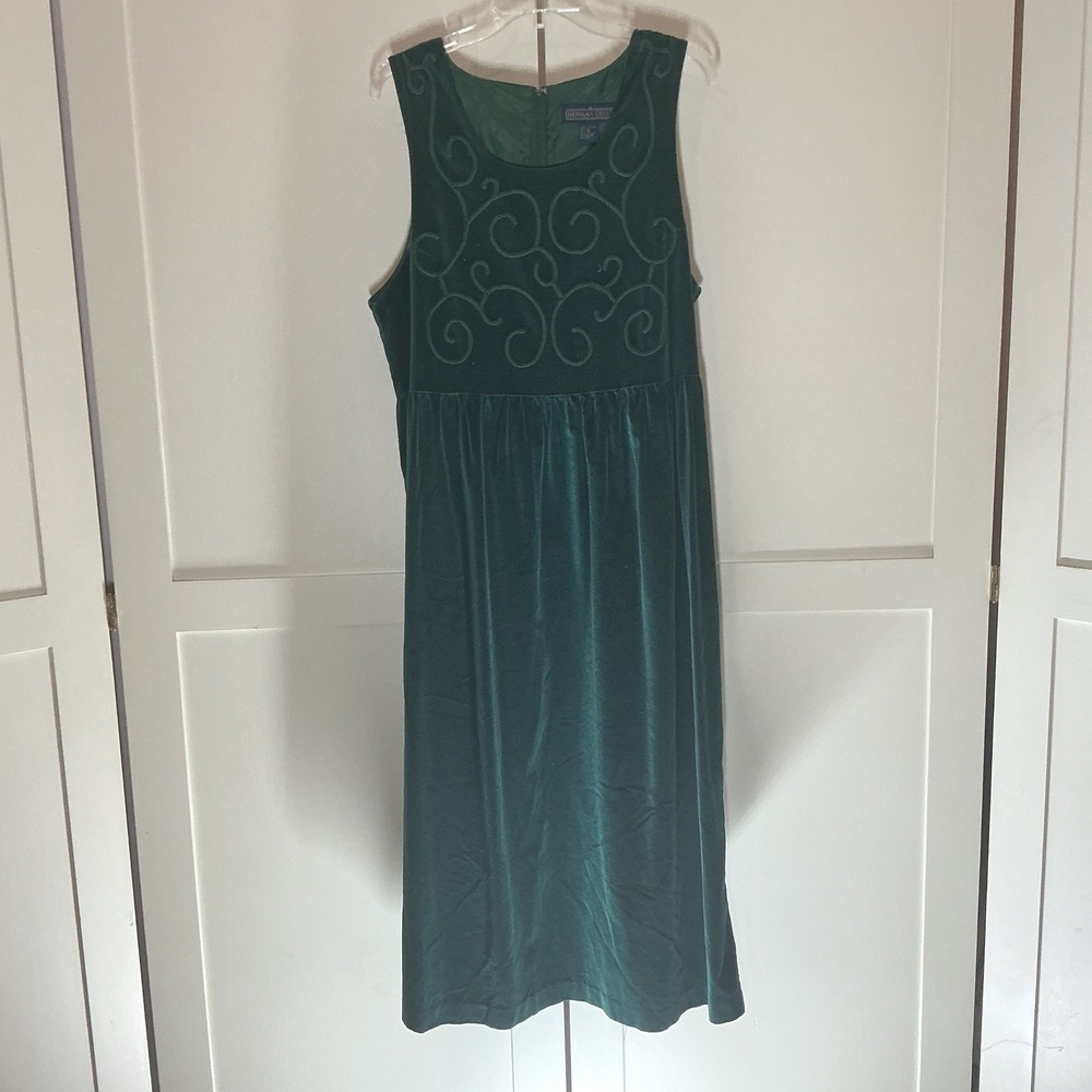 Vintage Herman Geist Green Cotton Velvet Embroidered Maxi Dress Women 14